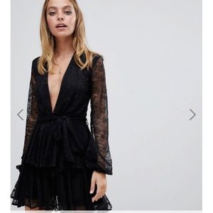 John Zach Plunge Front Ruffle Lace Tea Dress
